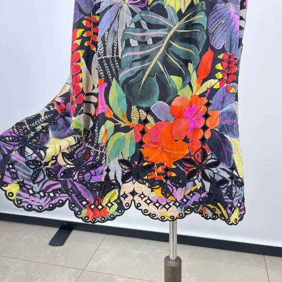 $398 NWOT Johnny Was Embroidery Lace Silk Floral Tie Mini Dress Oversize XS